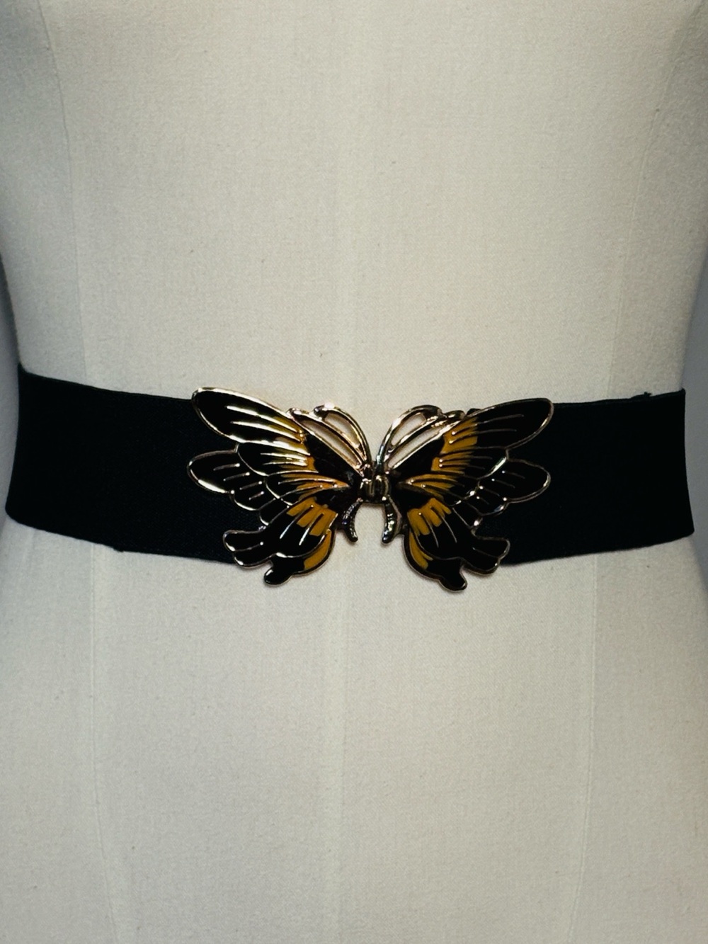 Black Elastic Waist Belt with Orange Black Gold Butterfly Buckle